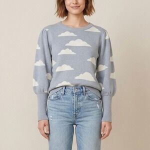 Koch Madeline Daydream Cloud Print Puff Sleeve Light Blue Sweater Size Small
